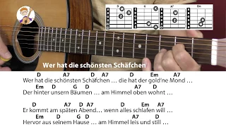 Wer hat die schönsten Schäfchen - Schlaflied, Cover, Akkorde & Text für Gitarre zum Mitspielen