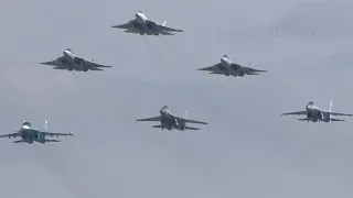 group flying Su-57 Su-35 Su-34 Su-30 at MAKS 2019 air show