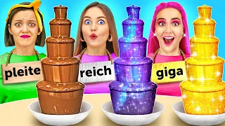 REICH VS. PLEITE VS. GIGA REICH ESSEN-CHALLENGE || Schokobrunnen-Fondue Challenge auf 123 GO! Serie