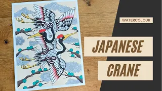 Capturing Elegance: Watercolor Japanese Cranes in Traditional Tattoo Style | Art Process Revealed!