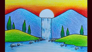 Simple Landscape Scenery Drawing for Beginners | Easy Waterfall Scenery Drawing with Color #scenery