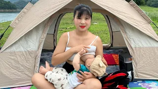 Single mother and children camping at a new location - Cooking, Relaxing and Sleeping Overnight