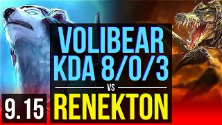 VOLIBEAR vs RENEKTON (TOP) | Rank 3 Volibear, KDA 8/0/3, 2 early solo kills | NA Challenger | v9.15