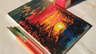 How to Draw a Simple Sunset Scenery Painting || Easy Acrylic Painting for Beginners