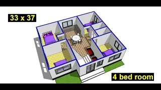 33 x 37 new simple 4 bedroom house plan II 4 kamra ghar ka naksha II 4 bhk floor plan design