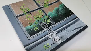 Glass Vase  and Rainy Window- Acrylic Painting for the Begginers || Step-by-Step tutorial