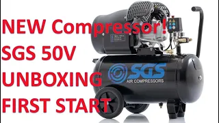 new compressor! Unboxing, first start SGS 50v 50 litre 3hp 14.6cfm v-twin compressor initial review