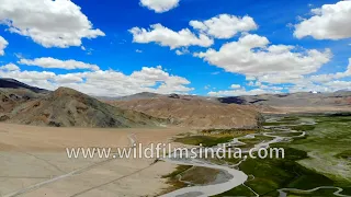 Hanle Monastery, Hanle marshes are Black-necked Crane habitat, in Ladakh L blue skies, cotton clouds