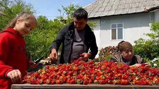 GRANDMA COOKING 50 KG STRAWBERRY! DÜRÜM AND ISLAK CAKE RECIPE! NATURAL JAM, COMPOTE, AND JUICE