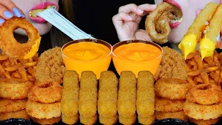 ASMR CHEESY FRIED FOOD FEAST! GIANT CRUNCHY ONION RINGS, MOZZARELLA STICKS, FRIED CHICKEN, FRIES 먹방