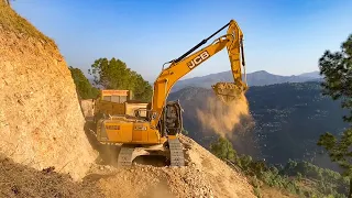 Hilly mountain road construction | JCB excavator machine loading into truck | JCB excavator video