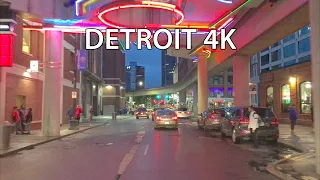 Detroit 4K - Neon Nightlife - Driving Downtown