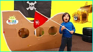 Ryan Pretend Play with Box Fort Pirate Ship Treasure Hunting!!