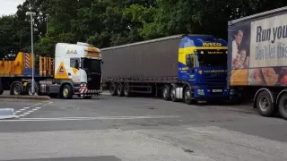 Ainscough Scania V8 departs Charnock Richard Services 29th July 2016