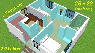 22 x 25 East facing compact house plan | 6.7 x 7.7 meter simple house design for 2bhk | 2d & 3d view