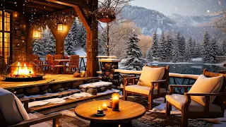 Winter Cozy Porch Ambience ☕Snowy Day with Warm Piano Jazz Music,Snowfall and Relax Fireplace Sounds