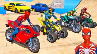 HOMEM ARANHA e AMIGOS COM MOTOS, CARROS Street Blazer Desafio Salto no LAGO | Spiderman Stunt GTA V