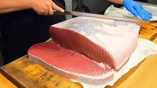 Giant bluefin tuna cutting  Sashimi meal - Master of tuna cutting skills