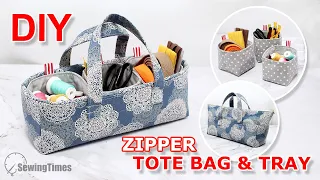 DIY ZIPPER TOTE BAG & TRAY | Organizer Pouch Bag Tutorial [sewingtimes]