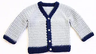 V neck crochet cardigan sweater, coat or jacket for boys LEFT HAND TUTORIAL easy crochet pattern