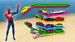 GTA 5 Spiderman MOD, Loading Classic Cars, Jeep, Trucks, buses, Tractors Into Big Truck