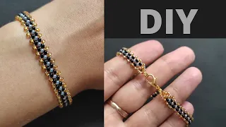 Seed bead bracelet tutorial for beginners, gold black beaded bracelet