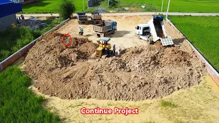 Ep4. Middle project!! Busy team show Land Filling Up Dozer Komatsu D20P With dump trucks 5ton