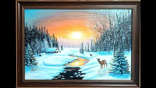 Картина "Зимова казка". Пейзаж, захід сонця. Автор  @mtm_art_tetyana