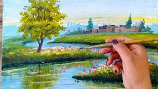 Mud houses and trees: the beauty of nature in landscape painting" Mud houses and trees in painting