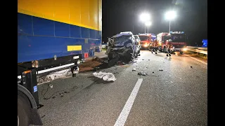 Schwerer Unfall am Stauende auf der A5 bei Weinheim - Transporter fährt auf stehenden Lkw