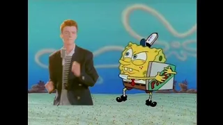 Rick Astley trying to get a pizza from Spongebob