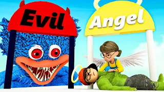 Can Tani save Nick from Huggy Wuggy? Evil vs Angel Challenge - Scary Teacher 3D Nick & Tani Cartoon