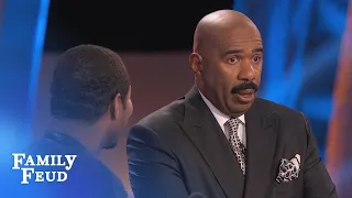 Steve, better give VICTOR ORTIZ the BAD NEWS! | Celebrity Family Feud | OUTTAKE