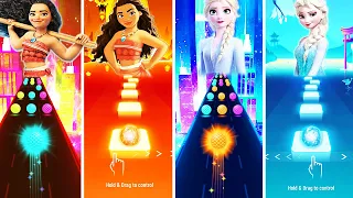 Moana Vs Frozen Elsa But In Tiles Hop EDM Rush And Dancing Road! How Far I'll Go, Let It Go!