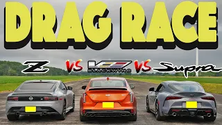 2023 Cadillac CT4 V Blackwing vs Toyota GR Supra vs Nissan Z, RWD Battle! Drag and Roll Race.