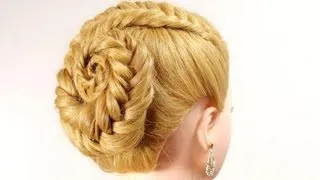 Fishtail braid hairstyle for long hair. Braided updo