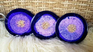 #849 Resin Coasters In Purple And Gold With White Milk Paint For Effects