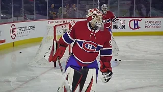 Montreal Canadiens rookie goalies Samuel Harvey and Stephen Dhillon warm up 9/7/18