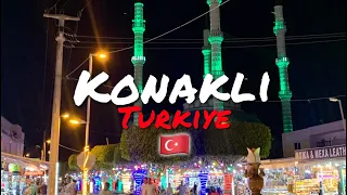 Konakli town Turkiye , bazaar evening walk. Alanya Antalya Turkey. The Mosque call to prayer. турция