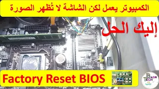 The computer is working but the screen is not showing you anything. Solution: Factory Rest BIOS