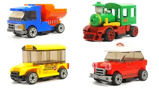 Lego Mini Vehicles | Sluban M38-B0933(B,E,H,F) dump truck, school bus, taxi, locomotive (Tutorial)