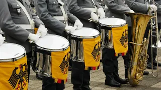 German fife and drum marching band plays old march "Fahnentruppmarsch" during military ceremony