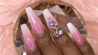 Acrylic Nails Tutorial - How To Encapsulated Nails Rose Pink and White Ombre Bling - with Nail Forms