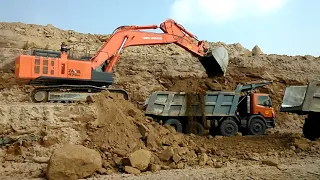 Tata Hitachi Zaxis 470H Machine Excavator Loading Red Soil into Scania Tipper P380 #tata470H #scania