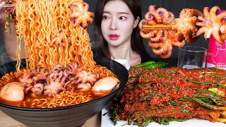 ASMR MUKBANG | SPICY SEAFOOD RAMYUN 🐙🦑 OCTOPUS SQUID NOODLES & GREEN ONION KIMCHI ☆ FISHING & EATING