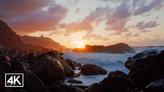 [4K] 🇮🇨 Canarias Sunset On Rocky Shore | Relaxing Waves Sounds for Sleep, Study or Work | 8 hours
