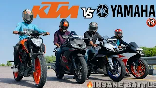 Yamaha r15m 2023 vs ktm rc 200 vs r15v3 vs duke 200| drag race | Fanboy battle🔥| Motopeak vlogs