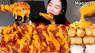 Spicy seasoned chicken, cheese balls, corn dogs, and fries that are popular in Koreaㅣchicken Mukbang