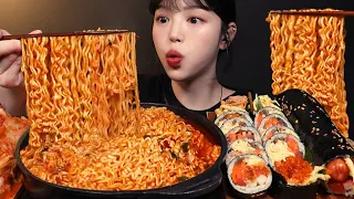 Spicy Ramen with Sausage Gimbap, Tuna Gimbap, and Kimchi Mukbang Asmr