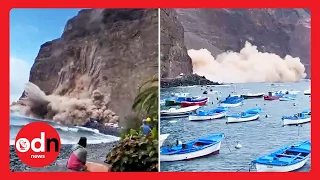 Terrifying Moment Cliff Collapses On To Canary Island Beach